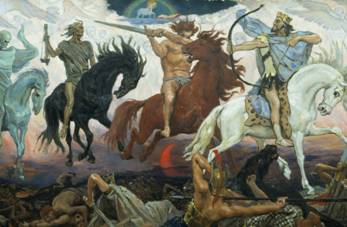 Four Horsemen of the Apocalypse, an 1887 painting by Viktor Vasnetsov. From left to right are Death, Famine, War, and Conquest; the Lamb is at the top. (credit: Wikimedia Commons)