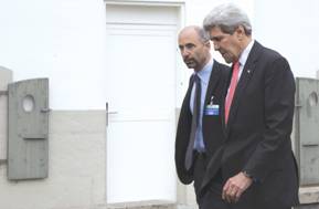  THEN-US secretary of state John Kerry walks with Robert Malley following a meeting with an Iranian team in 2015, before the Iran nuclear deal was reached.  (credit: BRIAN SNYDER/REUTERS)